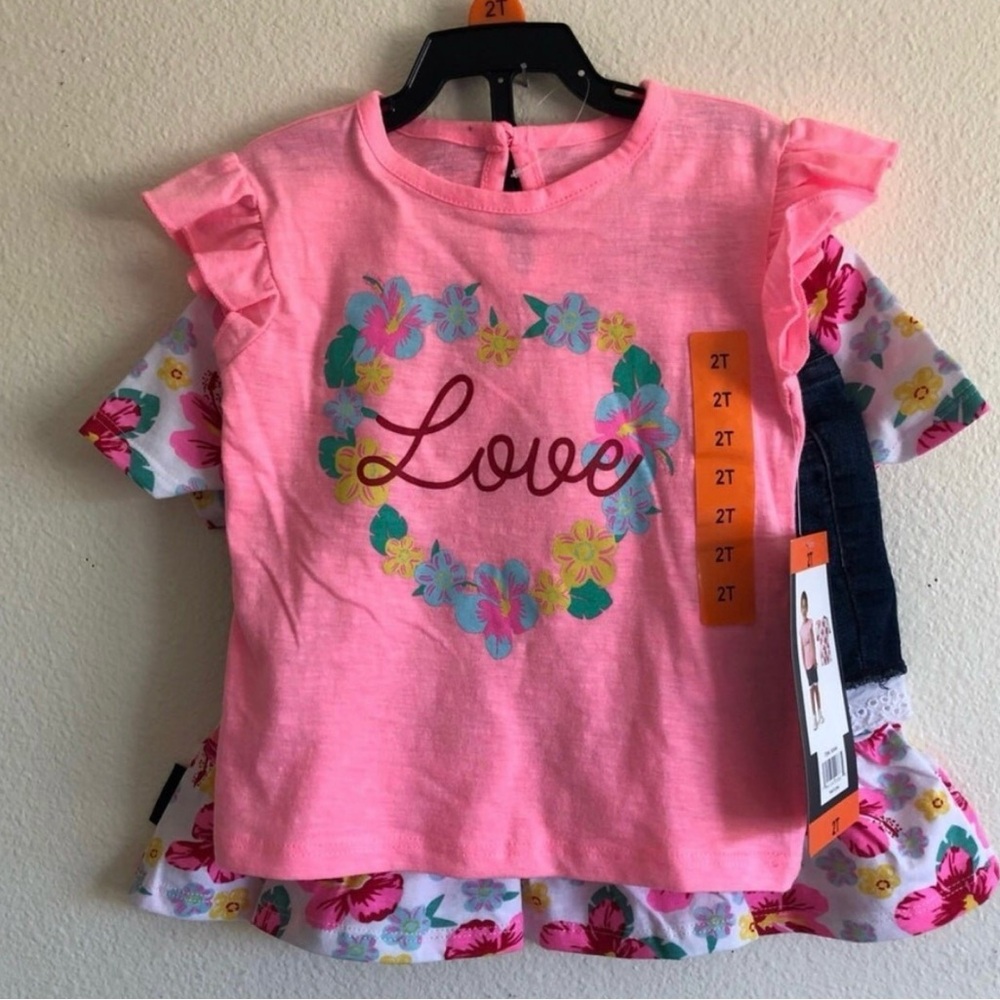 Buffalo David Bitton Pink Floral Love Tee jean short set 2T